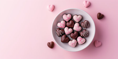 cute heart-shaped candies in a bowl on a pink background. for mom with love.の素材