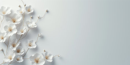Snow-white small flowers on a white background. view from above. copy spaceの素材