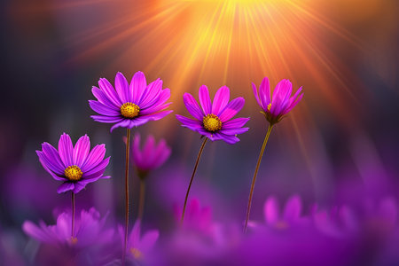 cosmea flowers on the background of the setting sun. Floral background. copy the spaceの素材