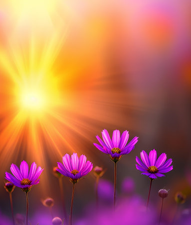 the buds of the cosmea on the background of the setting sun. Floral background. copy spaceの素材