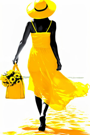 A young woman in a yellow dress and hat carries a bag with an armful of sunflowersの素材