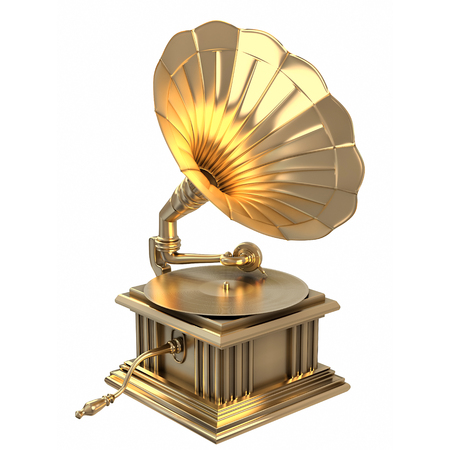 3D illustration of gold gramophone award isolated on white backgroundの写真素材