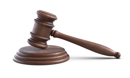 3D illustration of Wooden Judge Gavel isolated on white backgroundの写真素材
