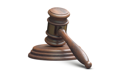 3D illustration of Wooden Judge Gavel isolated on white backgroundの写真素材
