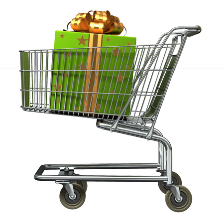 3D illustration of Shopping cart and giftboxes on whiteの写真素材