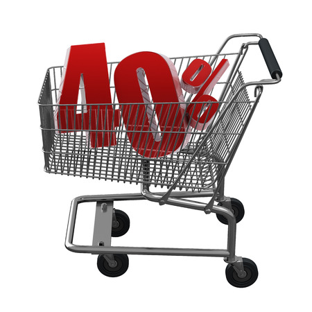 3D illustration of Shopping cart with 40 pocent discount in red isolatedの写真素材