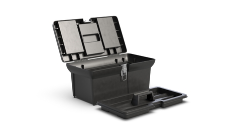 3D render of black plastic toolbox isolated on white backgroundの写真素材