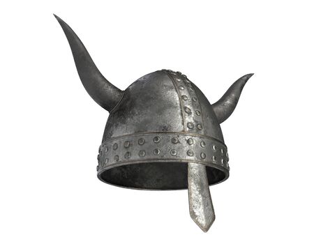 3D render of medieval helmet with horns isolated on whiteの写真素材