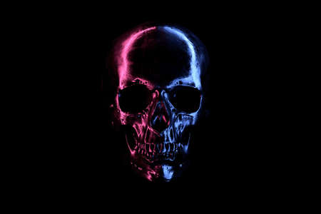 3D render of shiny metallic Skull with Neon reflection in the darkの写真素材