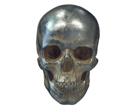 3D illustration of metallic human skull isolated on white backgroundの写真素材