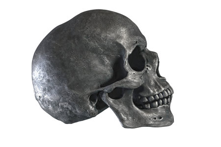 3D illustration of metallic human skull isolated on white backgroundの写真素材