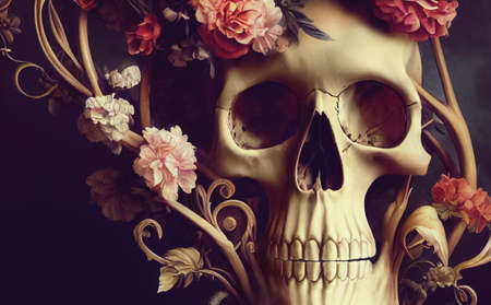 Illustration of Skull in flowers baroque style