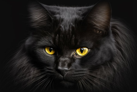 Black cat face with yellow eyes in the dark. Generative AIの素材