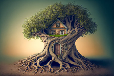 Fairy house in the tree roots. Generative AIの素材