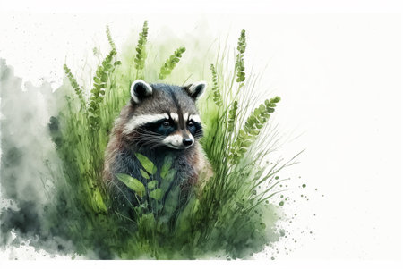 Little Raccoon hiding in grass. Watercolor painting. Generative AIの素材