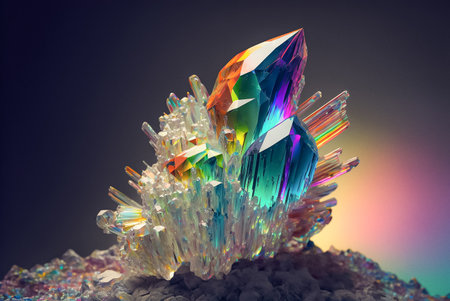 Colorful Quartz Rainbow Flame crystal cluster closeup macro. Generative AIの素材