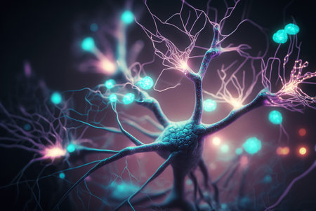Neurons and Synapses firing signals. Generative AIの素材