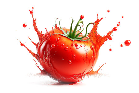 Sweet red Tomato in juice splash isolated on white. Generative AIの素材