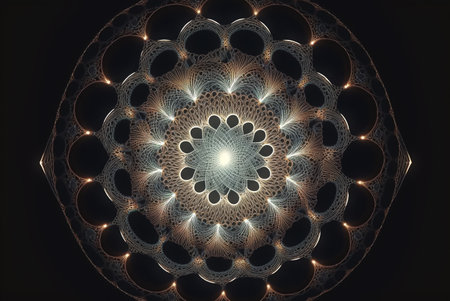 Sacred geometry mandala fractal made of luminous lines. Generative AIの素材