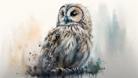 Little Cute Owl watercolor paint art on white. Generative AIの素材