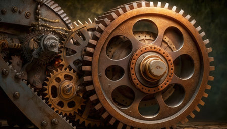 Vintage rusty Machinery gears steampunk background. Generative AIの素材