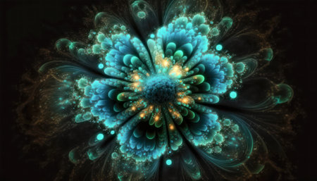 Sacred geometry glowing flower fractal with particles and light. Generative AIの素材