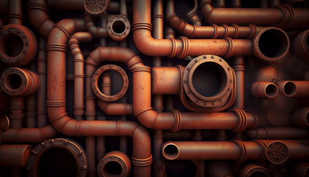 Rusty Pipes and Pipeworks in Industrial Plant. Generative AI.の素材