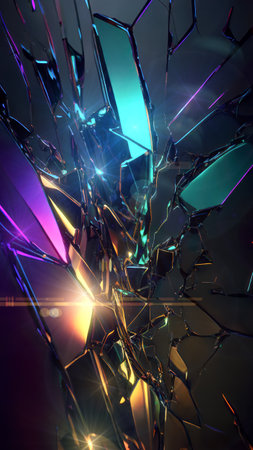 Abstract fractured glass with lights and colorful reflections. Generative AI.の素材