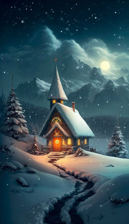 Lonely Church in a Wintery Forest on a Full Moon Night. Generative AI.の素材