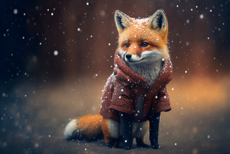 Small Cute Fox Dressed in Red Hooded Jacket. Generative AI.の素材