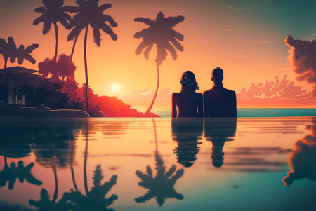 Couple Enjoying Sunset at a Tropical Island. Generative AI.の素材