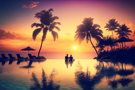 Couple Enjoying Sunset at a Tropical Island. Generative AI.の素材