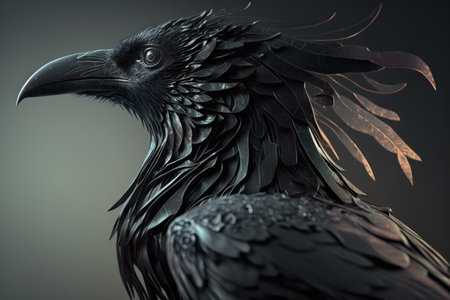 Stylized crow head illustration with feathered beak. Generative AIの素材