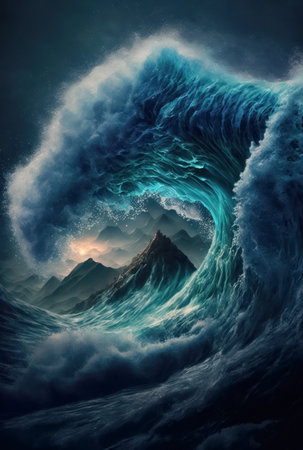 Blue Wave Crashing into Ocean. Generative AI.の素材