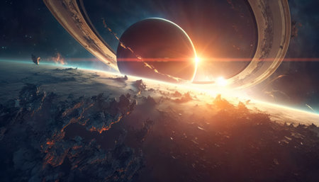 A Futuristic Illustration of a sunrise behind Planet with Rings. Generative AIの素材