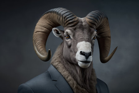 Goat with Large Horns Wearing a Suit and Tie. Generative AIの素材
