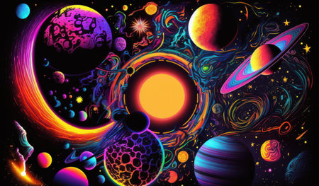 Colorful psychedelic galaxy and planets in space illustration. Generative AIの素材
