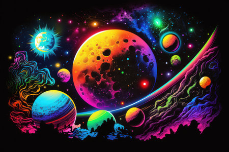 Colorful psychedelic galaxy and planets in space illustration. Generative AIの素材