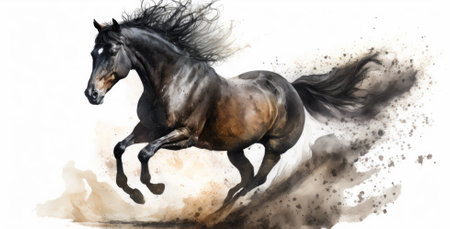 A beautiful black horse running in the sand. Watercolor paint. Generative AIの素材