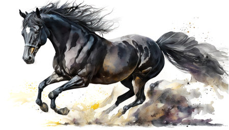 A beautiful black horse running in the sand. Watercolor paint. Generative AIの素材