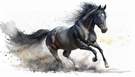A beautiful black horse running in the sand. Watercolor paint. Generative AIの素材