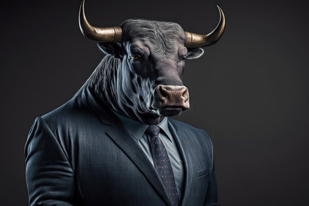 Portrait of Bull in Business Suit with Horns. Generative AIの素材