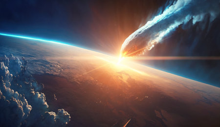 Asteroid approaching Earth at sunset. Generative AIの素材