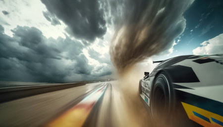 A Speeding Car Drives Down a Stormy Road. Generative AIの素材
