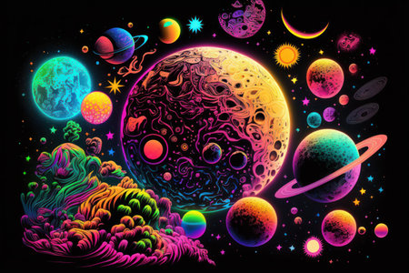 Colorful psychedelic galaxy and planets in space illustration. Generative AIの素材