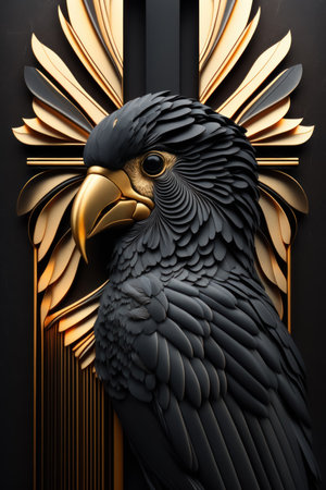 Digital art illustration of a black and gold art deco Parrot. Generative AIの素材