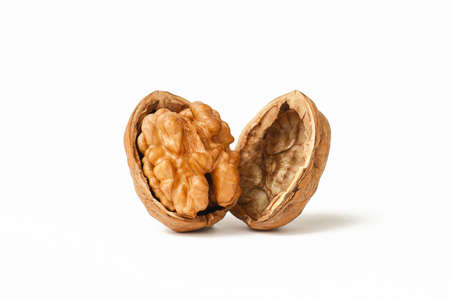 Walnut on white background. Peeled walnut on white. Half Walnut isolate. Full depth of field.
