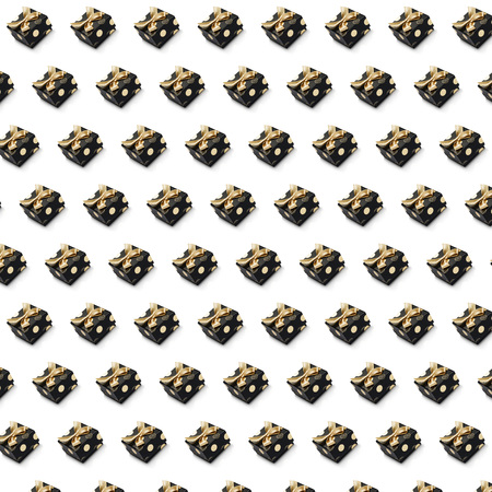 Set of similar black sparse present boxes with yellow ribbons and bows on white. Can be used like background for seasonal, big sales, promotion, raffle, discount coupon, e-commerce, e-shop.の写真素材