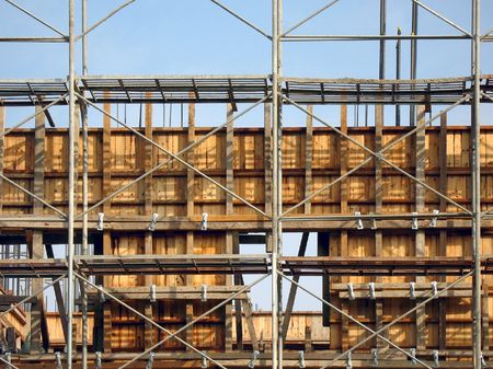 Construction Site -- with wood framing in preparation for pouring cementの写真素材
