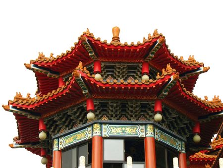 Chinese Temple Detail -- a small tower with decorated eaves on whiteの写真素材